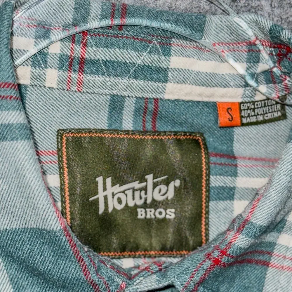 Howler Brothers Mens S Harkers Flannel Shirt Elbow Patches Green Cream Plaid